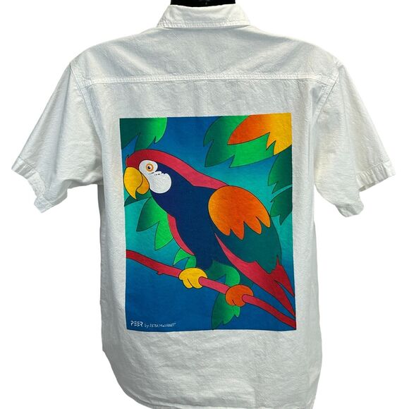Vintage 90s Cabo San Lucas Parrot Button Front Shirt Mens M Medium White Mexico - Picture 3 of 11